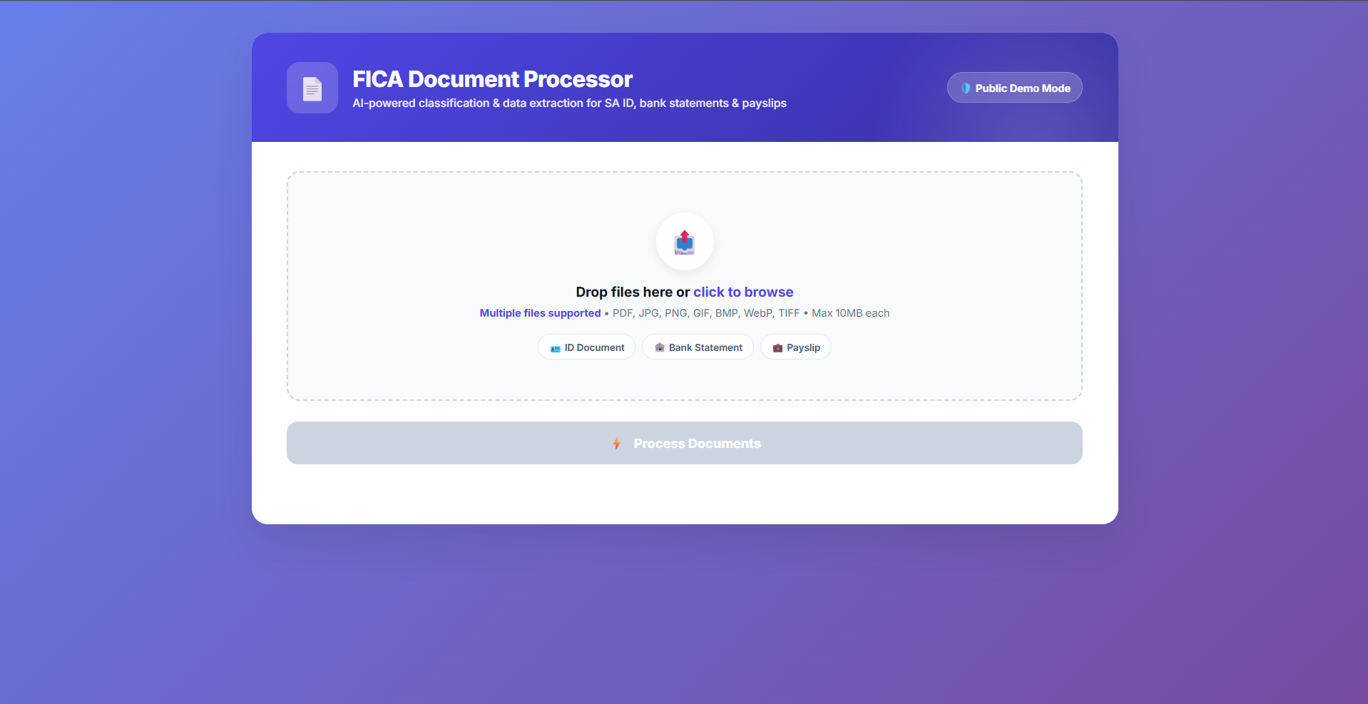 FICA API Upload Screen